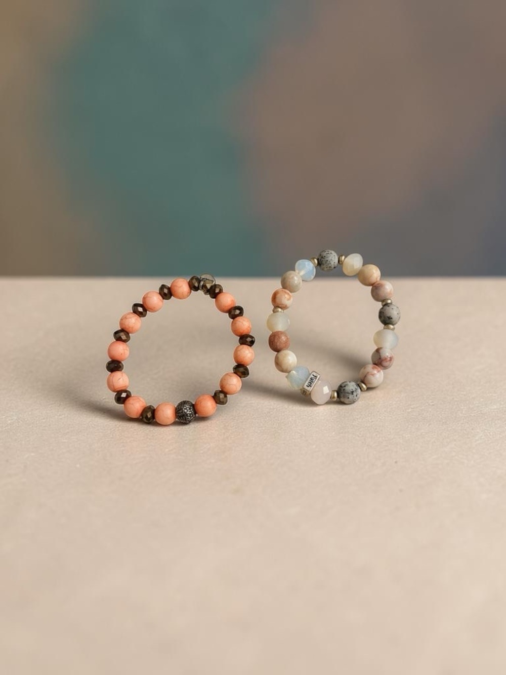 Erimish Beaded Stretch Bracelet Peach & Neutral Stone.